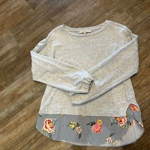 Gray Long Sleeve Top with Floral Hem